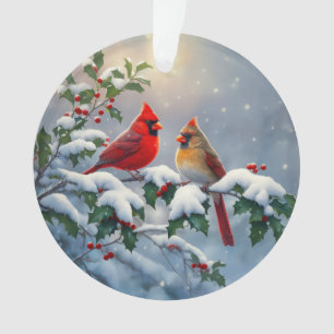 Rote Kardinäle und Stechpalme im Schnee Ornament