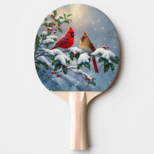 Rote Kardinäle und Stechpalme im Schnee Tischtennis Schläger