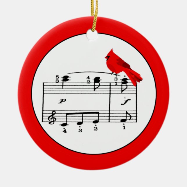 Rote Kardinals-u. Musik-Weihnachtsverzierung Keramik Ornament (Vorne)