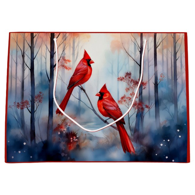 Rote Kardinalvögel in einem nebligen Wald Große Geschenktüte (Vorderseite)