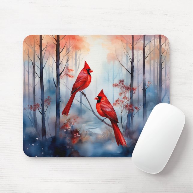 Rote Kardinalvögel in einem nebligen Wald Mousepad (Mit Mouse)