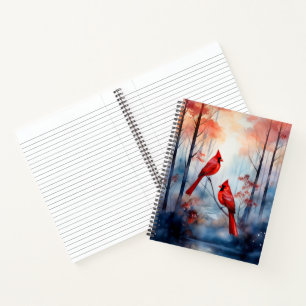 Rote Kardinalvögel in einem nebligen Wald Notizbuch