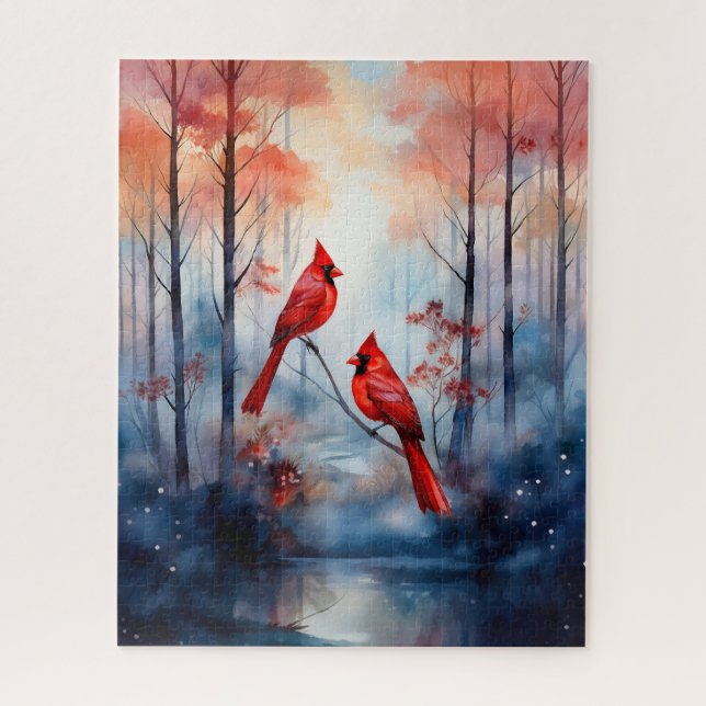 Rote Kardinalvögel in einem nebligen Wald Puzzle (Vertikal)