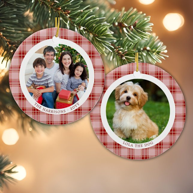 Rote Karierte Familie Weihnachten 2 Fotos Ornament (Red Plaid Family Christmas 2 Photos Ornament)