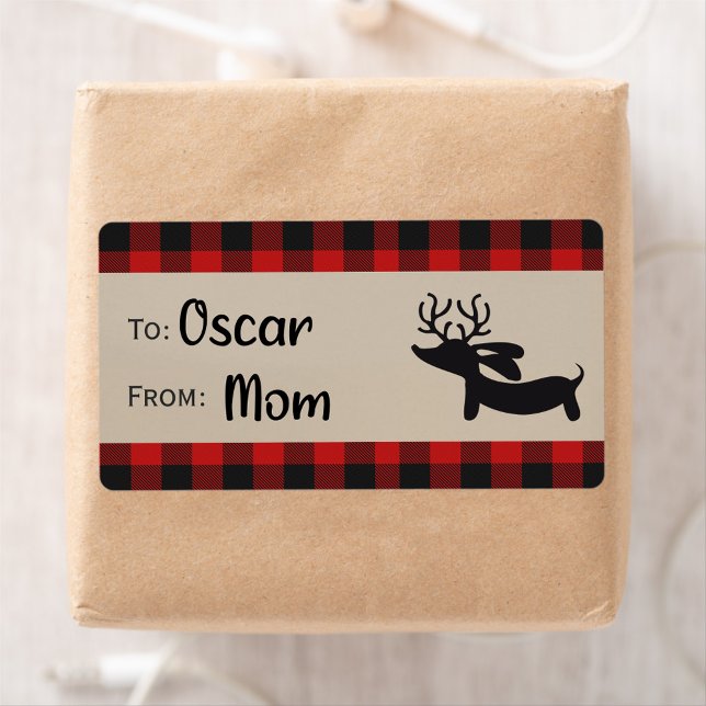 Rote Karierte Rentier-Dackel-Geschenkmarken (Plaid dachshund Christmas gift sticky labels)