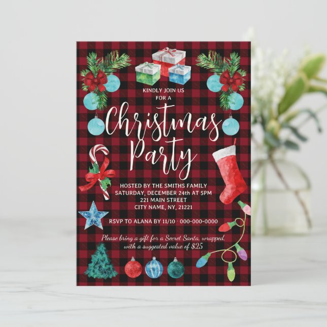 Rote Karo-Weihnachtsfeier Einladung (Stehend Vorderseite)