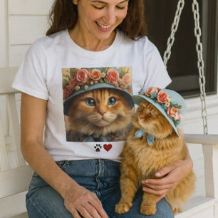 Rote Katze in blauer Mütze mit Blumen Katzenliebh T-Shirt