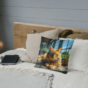 Rote Katze liegt auf einem Tisch am Fenster Kissen