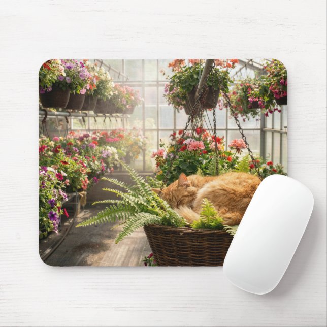 Rote Katze schläft in hängendem Farnkorb Mousepad (Mit Mouse)