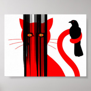 Rote Katze und schwarze Vogeldarstellung Poster