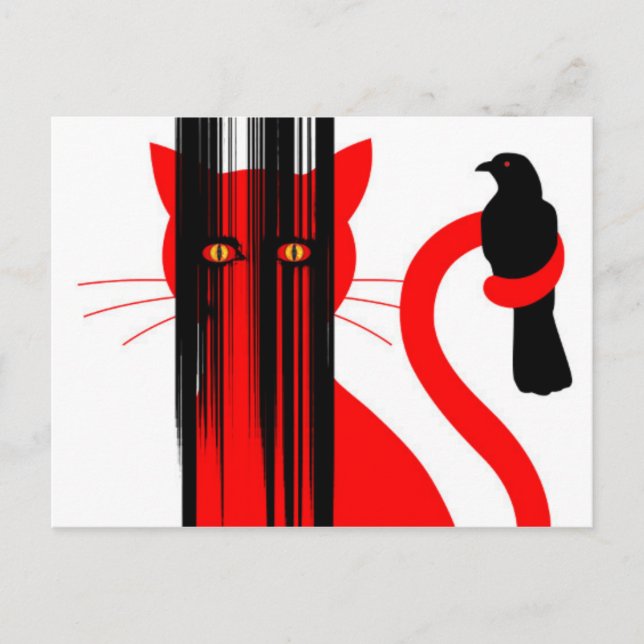 Rote Katze und schwarze Vogeldarstellung Postkarte (Vorderseite)