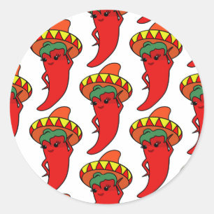 Rote Kawaii Paprika Mexikanischer Sombrero  Runder Aufkleber