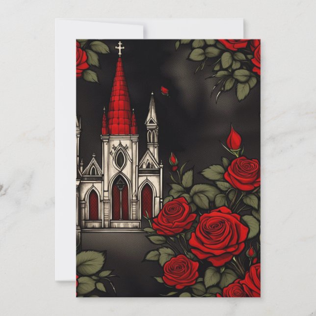 Rote Kirche und Rose Gotische Hochzeit Einladung (Vorderseite)
