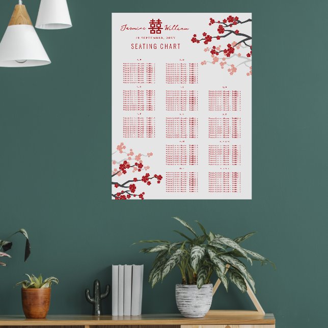 Rote Kirschblüten 囍 Chinesischer Hochzeitssitzplan Poster (Wohnzimmer 1)