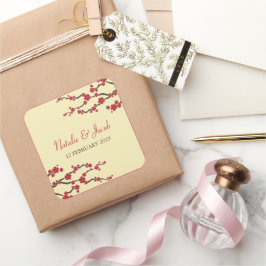 Rote Kirsche Blüten Sakura Asiatische Gastgeschenk Quadratischer Aufkleber