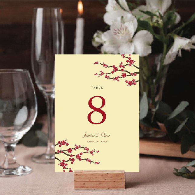 Rote Kirsche Blüten Sakura Blume Asiatische Hochze Tischnummer (Red/Cream Cherry Blossoms Sakura Flowers Elegant Asian Wedding Table Number Card @ fat_fa_tin)