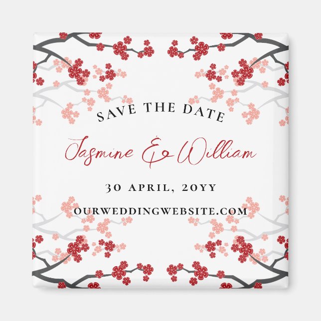 Rote Kirsche Blüten Sakura Blume Save the Date Magnet (Vorne)