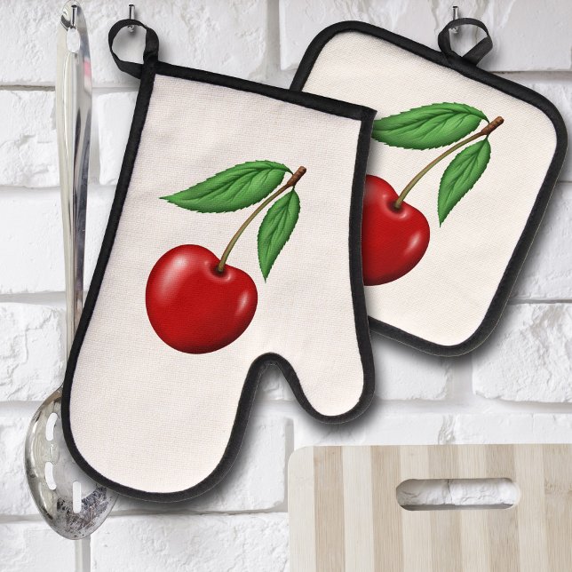 Rote Kirsche   Ofenhandschuh & Topflappen-Set (Cherry retro graphic design kitchen potholder and oven mit)