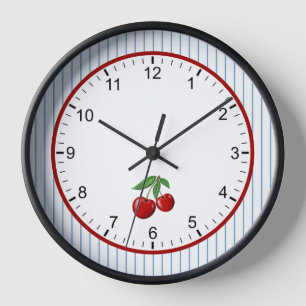 Rote Kirschen auf blau gestreiftem Retro-Stil-Rahm Uhr