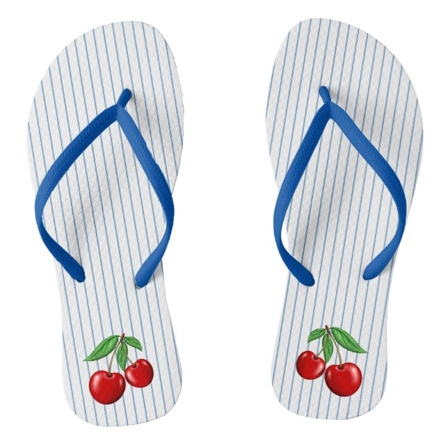 Rote Kirschen auf blauen Streifen Grafikmuster Flip Flops (Fußbett)