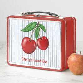 Rote Kirschen auf blauen Streifen Grafikmuster Metall Brotdose