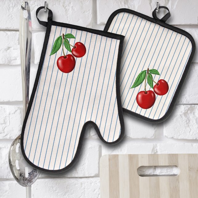 Rote Kirschen auf blauen Streifen Ofenhandschuh & Topflappen-Set (Retro Cherry style cute kitchen potholder and oven mitt
)