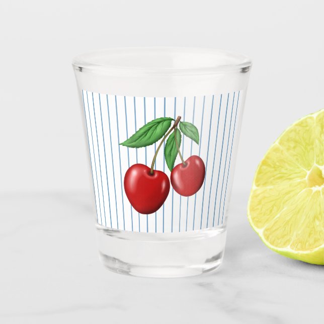 Rote Kirschen auf blaugestreiftem Muster Schnapsglas (Vorderseite)