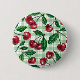 Rote Kirschen auf hellgrünem Gingham Button