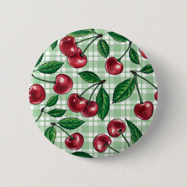 Rote Kirschen auf hellgrünem Gingham Button (Vorderseite)