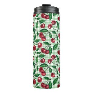 Rote Kirschen auf hellgrünem Gingham Thermosbecher