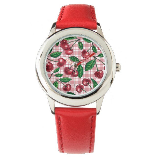 Rote Kirschen auf rosa Gingham Armbanduhr (Vorderseite)