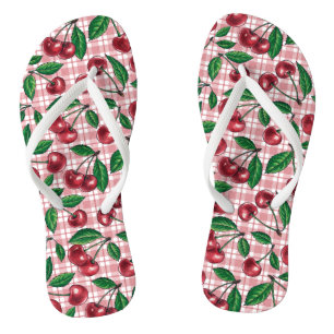 Rote Kirschen auf rosa Gingham Flip Flops