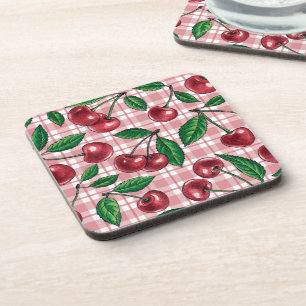 Rote Kirschen auf rosa Gingham Getränkeuntersetzer