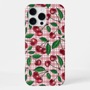 Rote Kirschen auf rosa Gingham iPhone 16 Pro Max Hülle