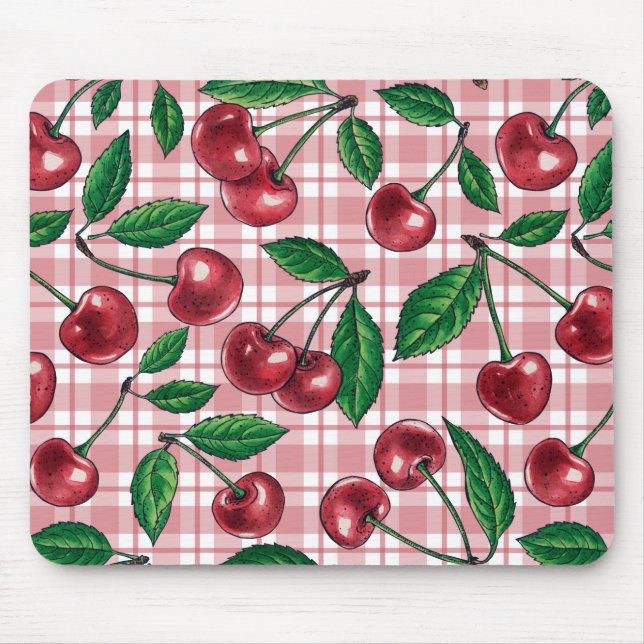 Rote Kirschen auf rosa Gingham Mousepad (Vorne)