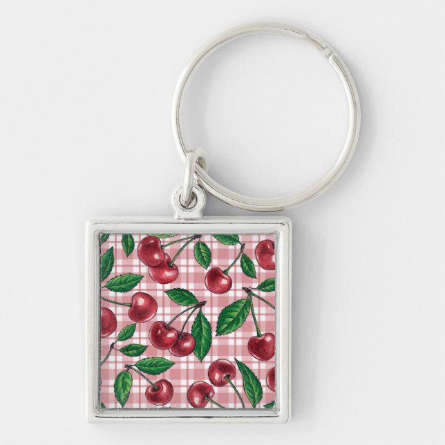 Rote Kirschen auf rosa Gingham Schlüsselanhänger (Vorne)