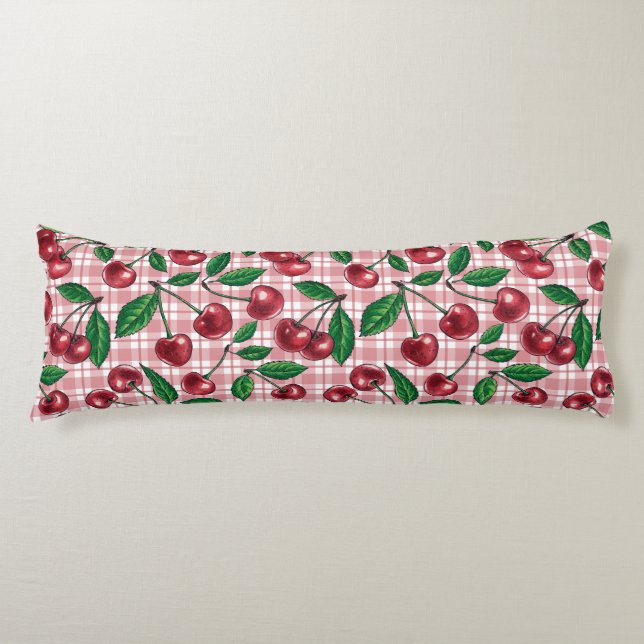 Rote Kirschen auf rosa Gingham Seitenschläferkissen (Vorderseite)