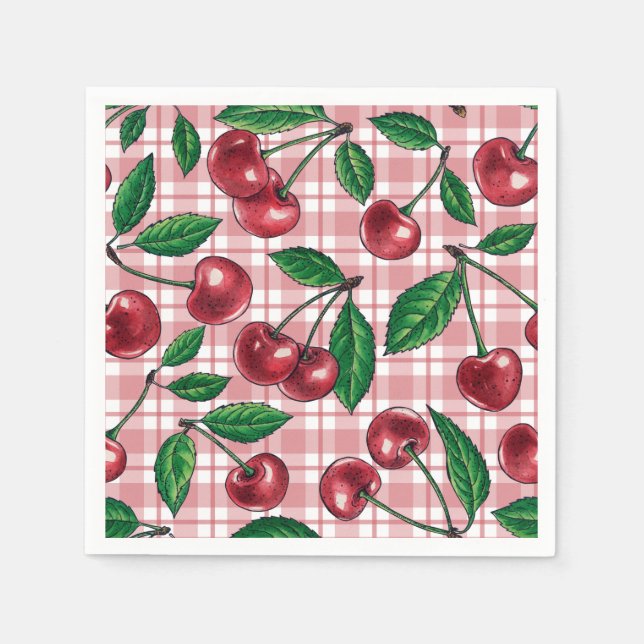 Rote Kirschen auf rosa Gingham Serviette (Vorderseite)