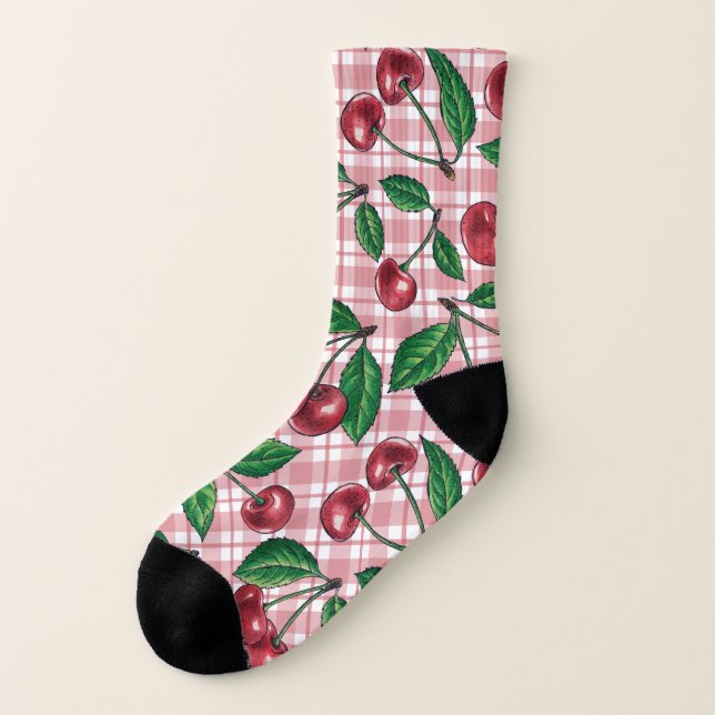 Rote Kirschen auf rosa Gingham Socken (Links - Außen)