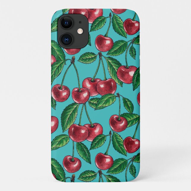 Rote Kirschen auf Türkis Case-Mate iPhone Hülle (Rückseite)
