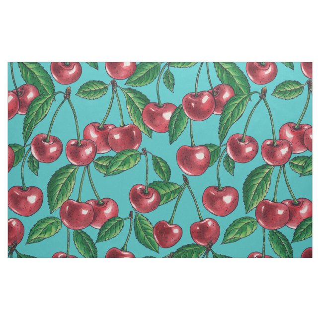 Rote Kirschen auf Türkis Stoff (Fat Quarter (45,7 x 55,9 cm))