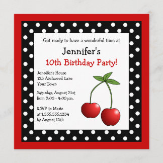 Rote Kirschen Birthday Black & White Polka Dosen Einladung
