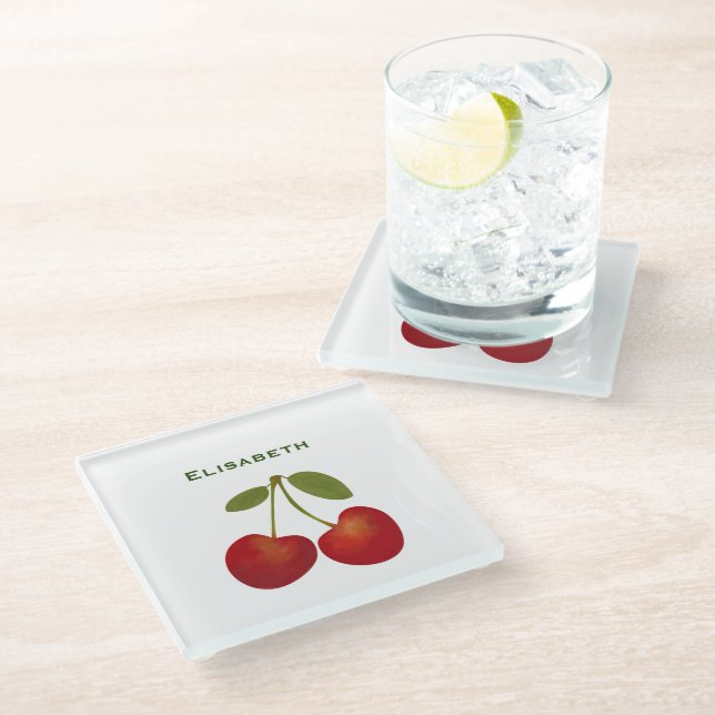 Rote Kirschen Früchte personalisieren Name Glasuntersetzer (Schrägansicht)