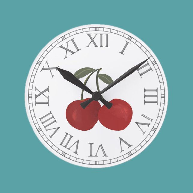Rote Kirschen Fruchtillustration  Runde Wanduhr (Von Creator hochgeladen)