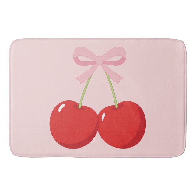 Rote Kirschen mit rosa Bow Coquette Hütte Chic Badematte (Vorderseite)