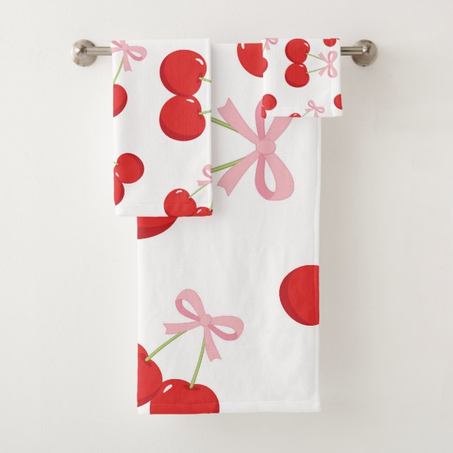 Rote Kirschen mit rosa Bow Coquette Hütte Chic Badhandtuch Set (Insitu)