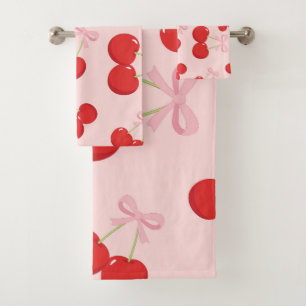 Rote Kirschen mit rosa Bow Coquette Hütte Chic Badhandtuch Set