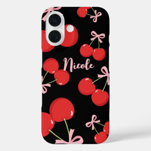 Rote Kirschen mit rosa Bow Coquette Hütte Chic iPhone 16 Hülle