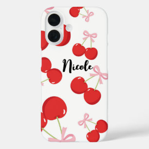 Rote Kirschen mit rosa Bow Coquette Hütte Chic iPhone 16 Hülle