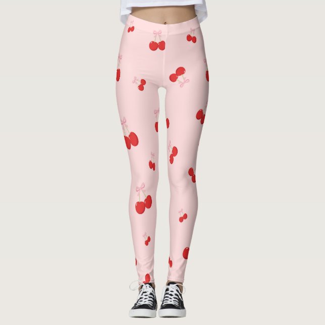 Rote Kirschen mit rosa Bow Coquette Hütte Chic Leggings (Vorderseite)